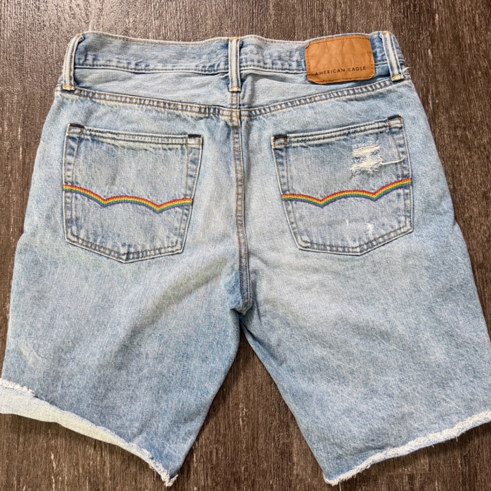 American Eagle Denim Shorts Mens 30 Light Blue Distressed Rainbow Cutoff 9
